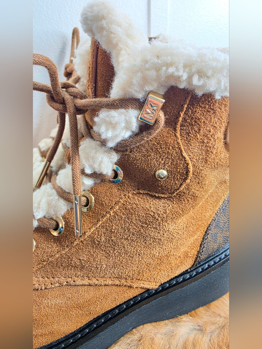 Michael Kors Tan Suede Shearling Lace-Up Ankle Boots - Picture 4 of 14